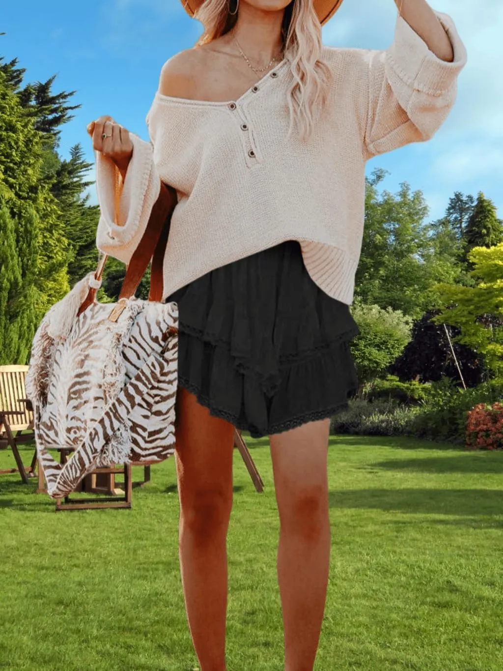 Womens Flowy Skorts Summer Casual Boho Ruffle Tiered Short Skirt High Waist Mini Skirts Teen Girls Crochet Shorts