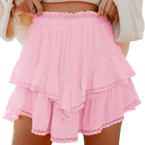 Womens Flowy Skorts Summer Casual Boho Ruffle Tiered Short Skirt High Waist Mini Skirts Teen Girls Crochet Shorts