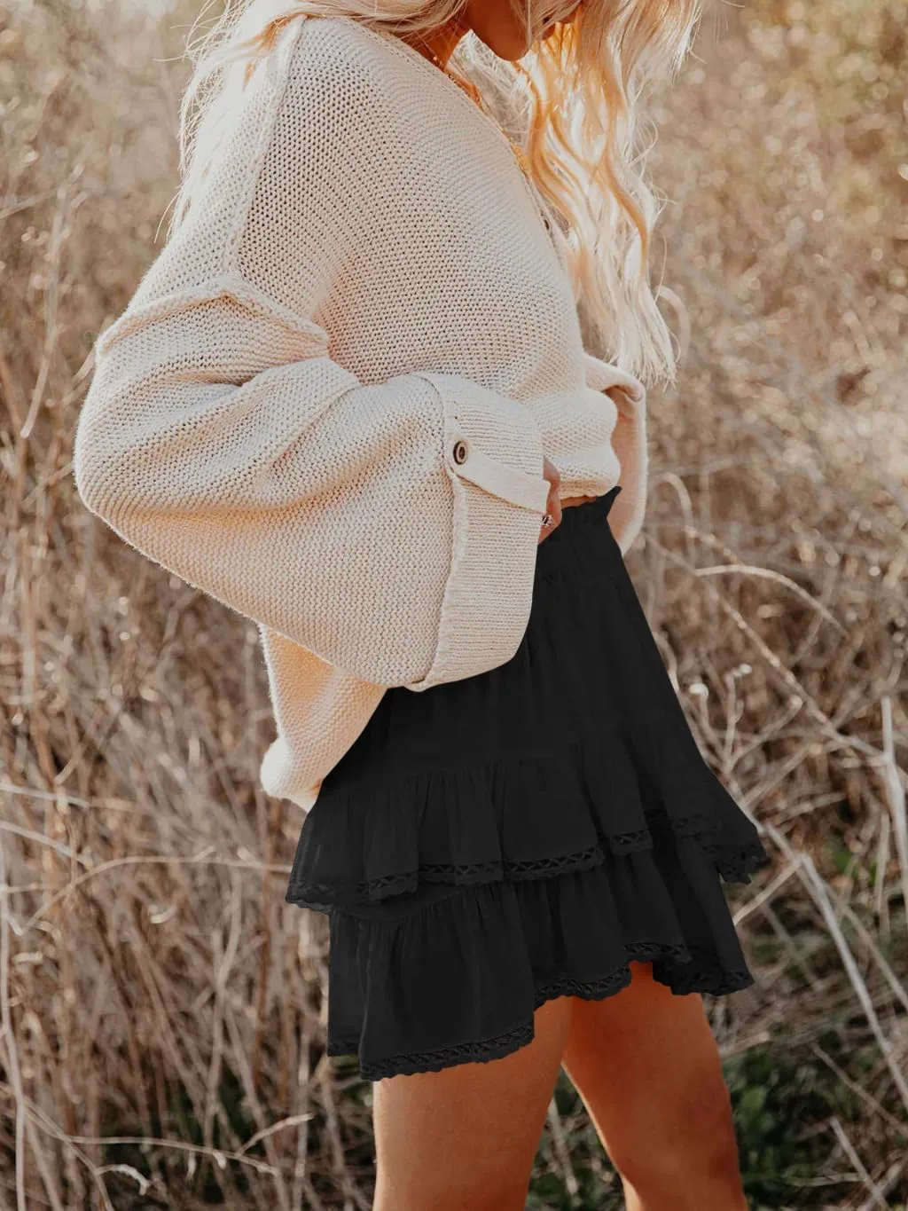 Womens Flowy Skorts Summer Casual Boho Ruffle Tiered Short Skirt High Waist Mini Skirts Teen Girls Crochet Shorts