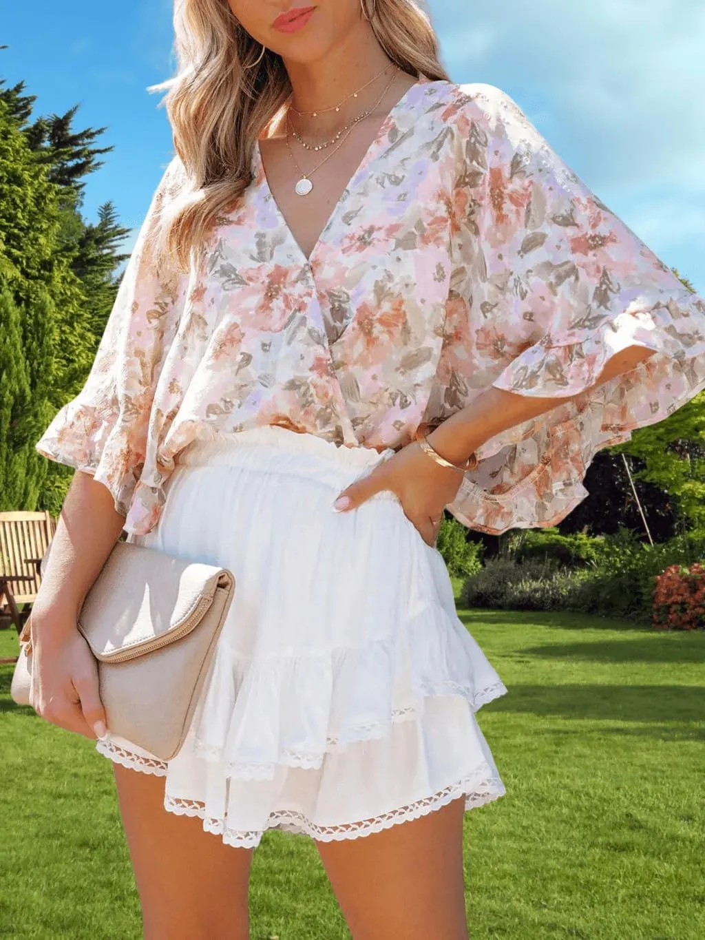 Womens Flowy Skorts Summer Casual Boho Ruffle Tiered Short Skirt High Waist Mini Skirts Teen Girls Crochet Shorts