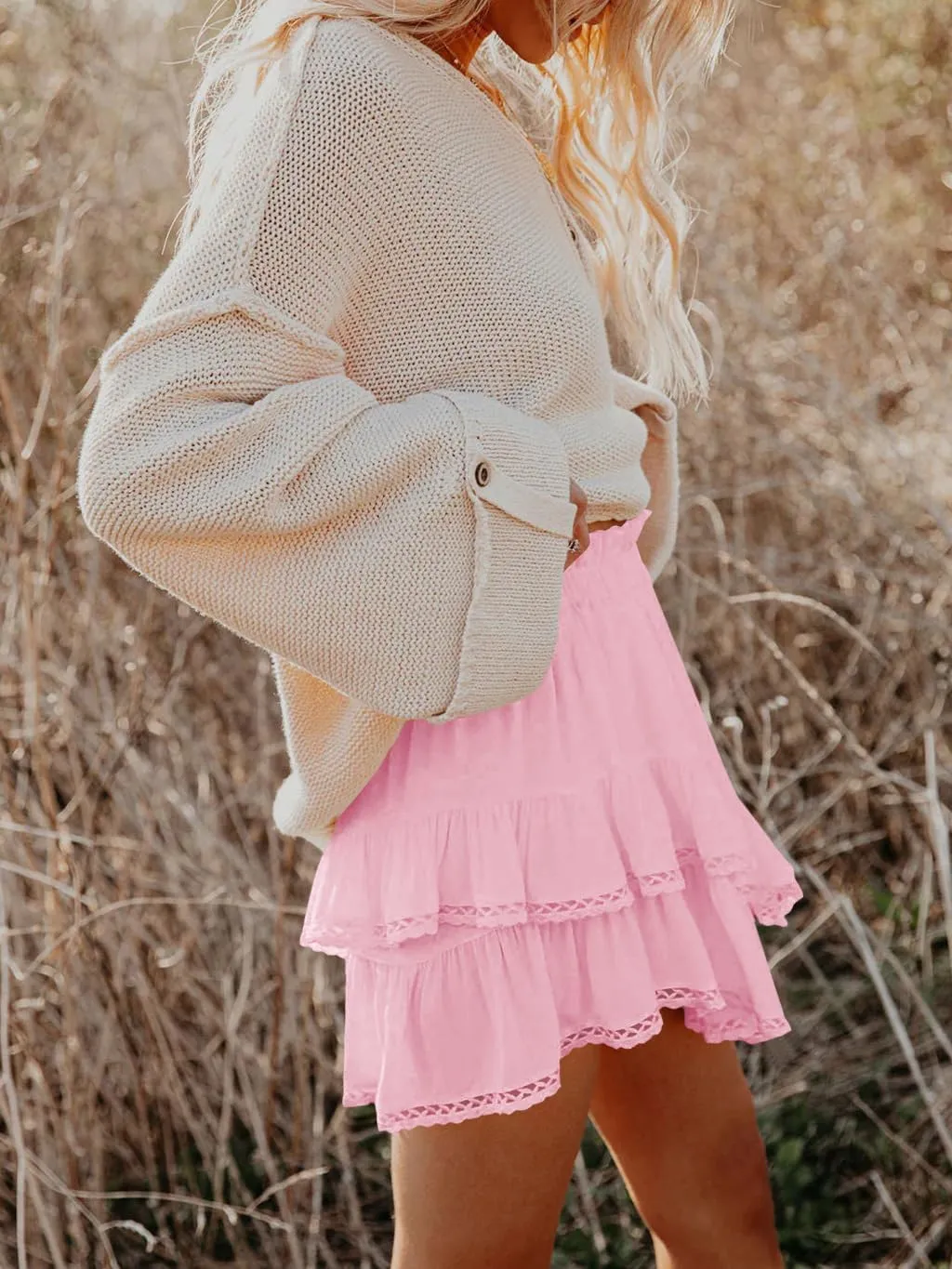 Womens Flowy Skorts Summer Casual Boho Ruffle Tiered Short Skirt High Waist Mini Skirts Teen Girls Crochet Shorts