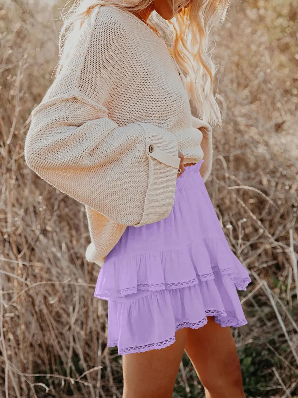 Womens Flowy Skorts Summer Casual Boho Ruffle Tiered Short Skirt High Waist Mini Skirts Teen Girls Crochet Shorts