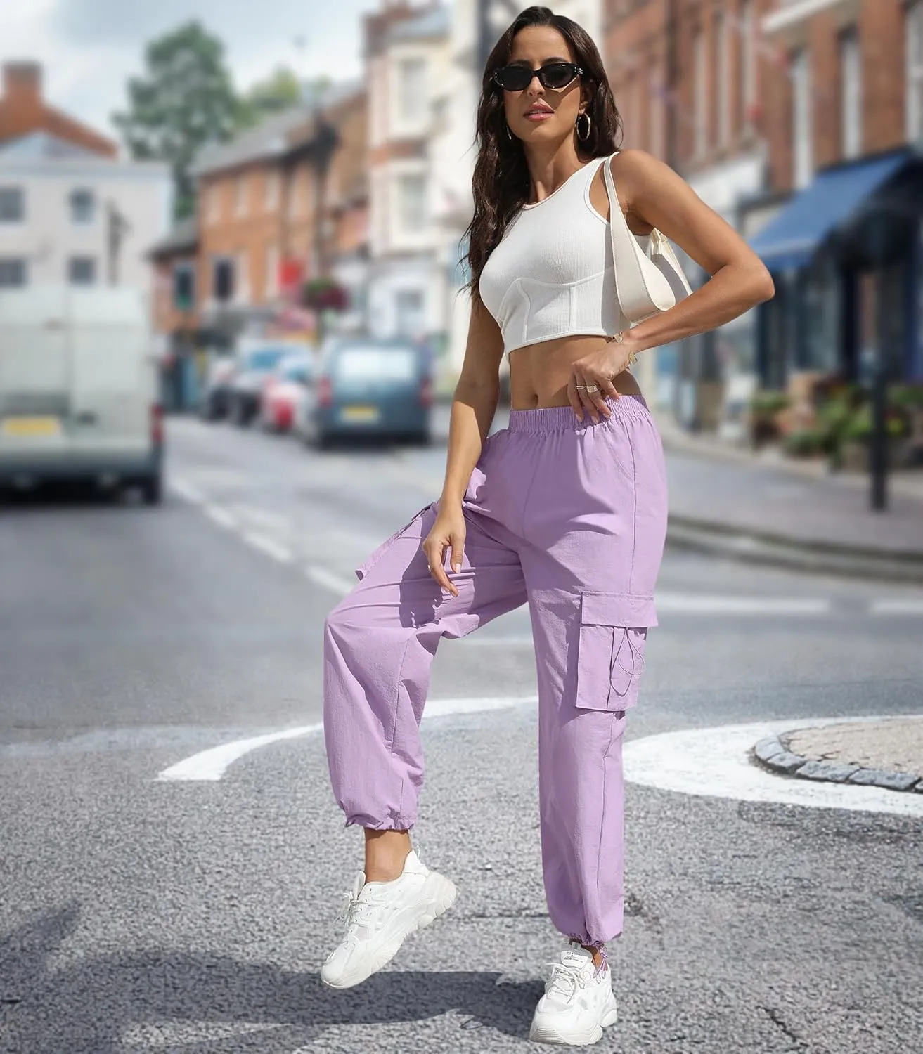 Women's High Waisted Cargo Pants Baggy Trendy Hiking Parachute Pants with Pockets Y2K Cargo Trousers Drawstring Ankles