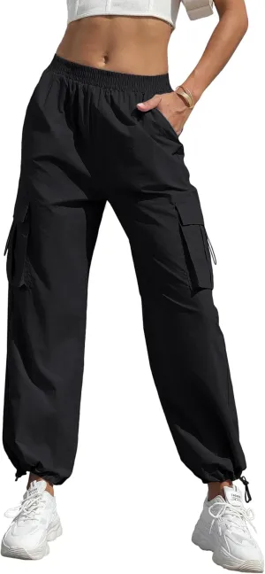 Women's High Waisted Cargo Pants Baggy Trendy Hiking Parachute Pants with Pockets Y2K Cargo Trousers Drawstring Ankles