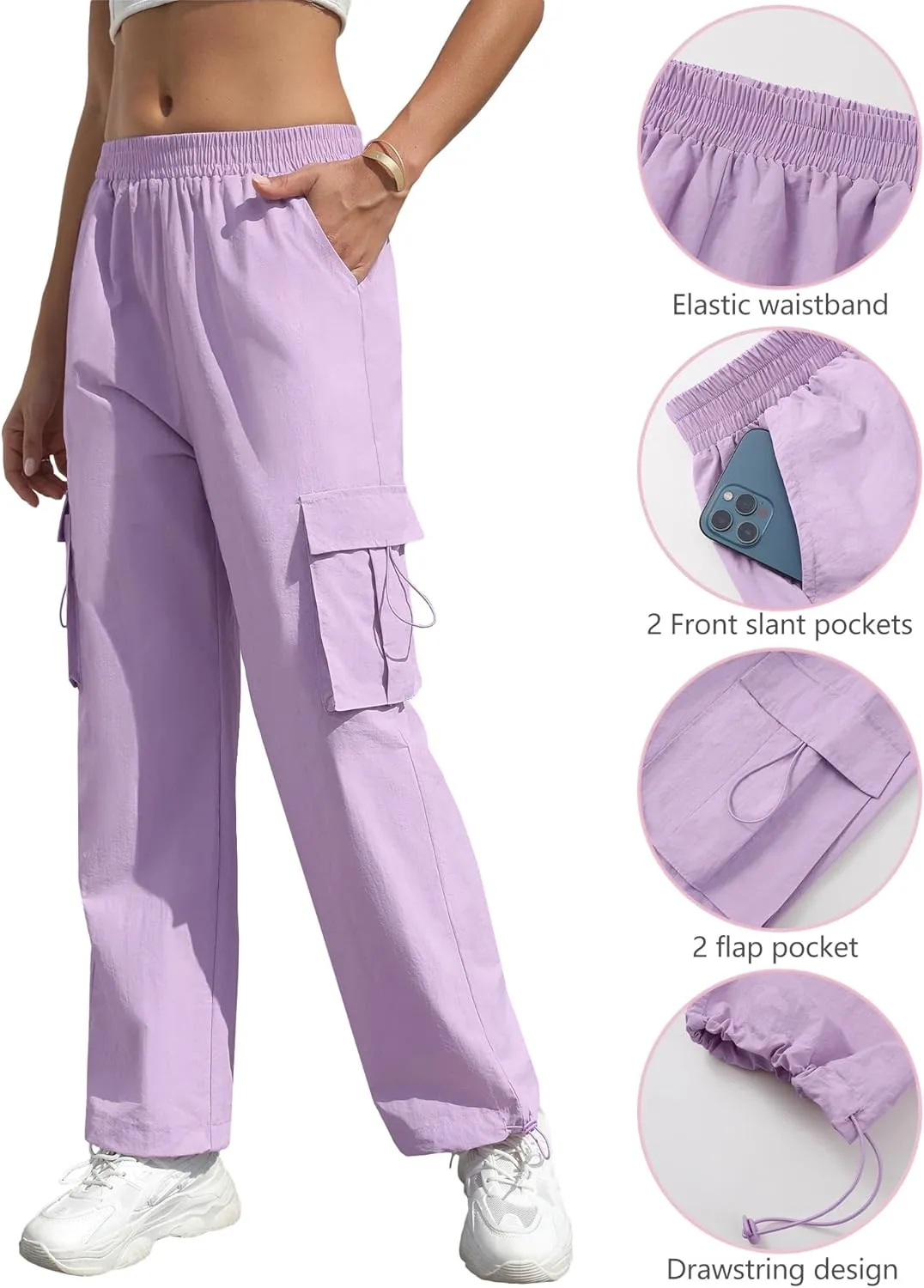 Women's High Waisted Cargo Pants Baggy Trendy Hiking Parachute Pants with Pockets Y2K Cargo Trousers Drawstring Ankles