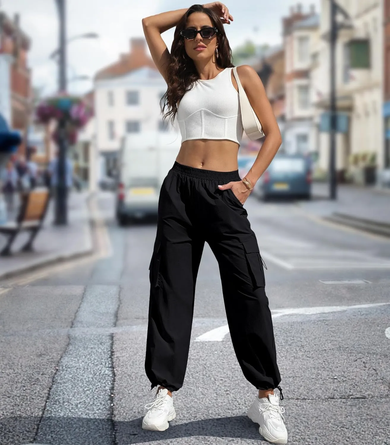 Women's High Waisted Cargo Pants Baggy Trendy Hiking Parachute Pants with Pockets Y2K Cargo Trousers Drawstring Ankles