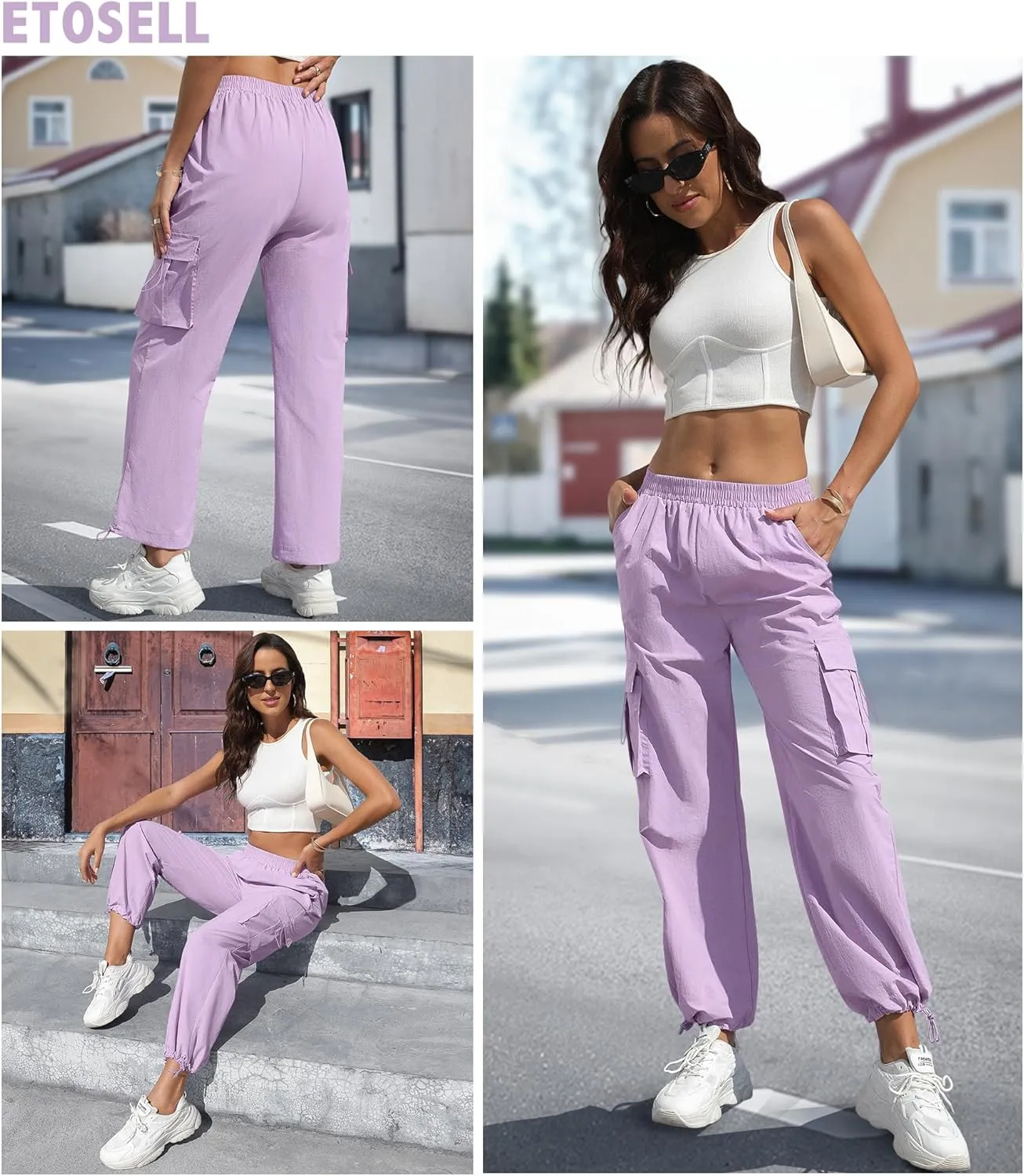 Women's High Waisted Cargo Pants Baggy Trendy Hiking Parachute Pants with Pockets Y2K Cargo Trousers Drawstring Ankles