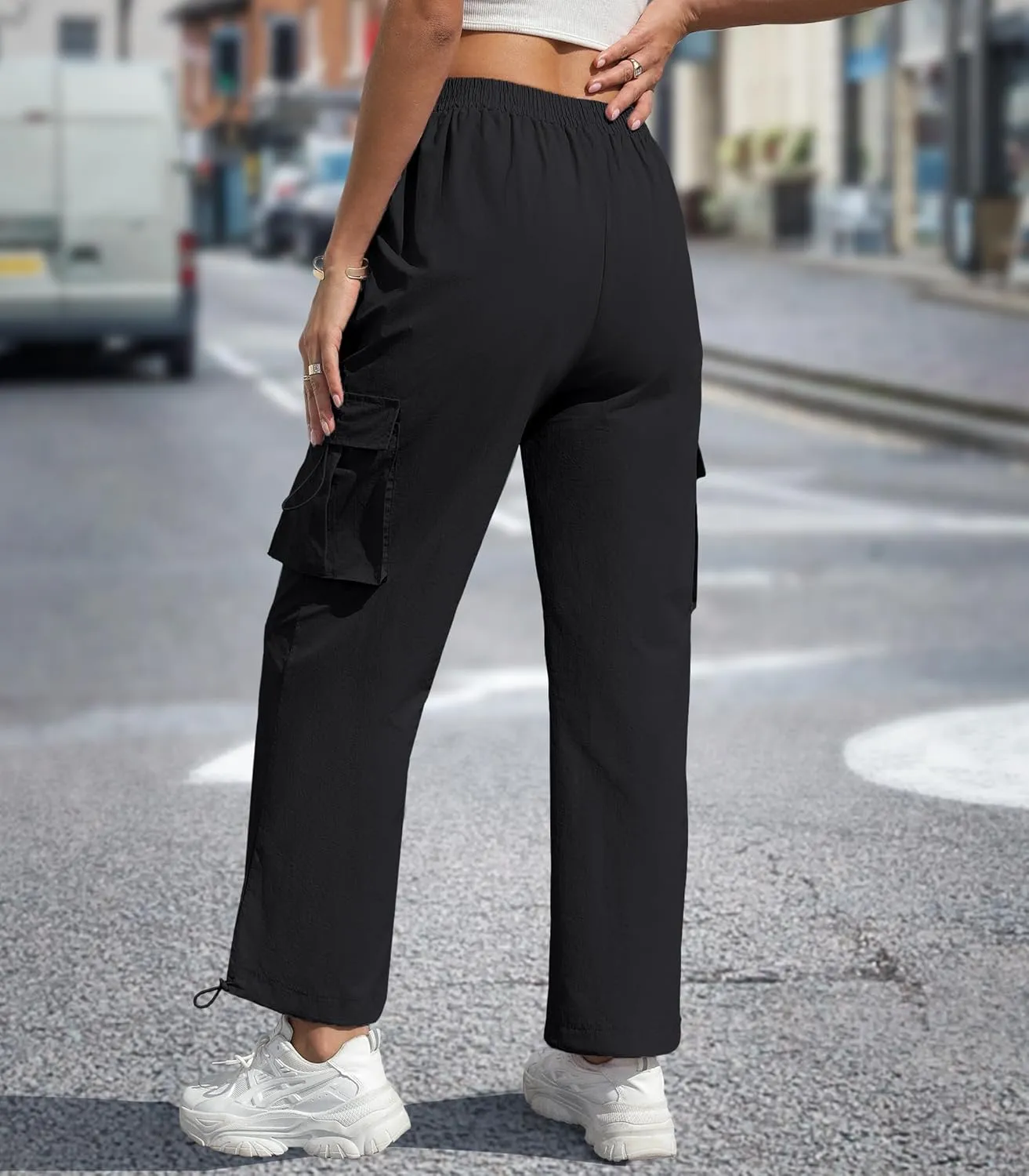 Women's High Waisted Cargo Pants Baggy Trendy Hiking Parachute Pants with Pockets Y2K Cargo Trousers Drawstring Ankles