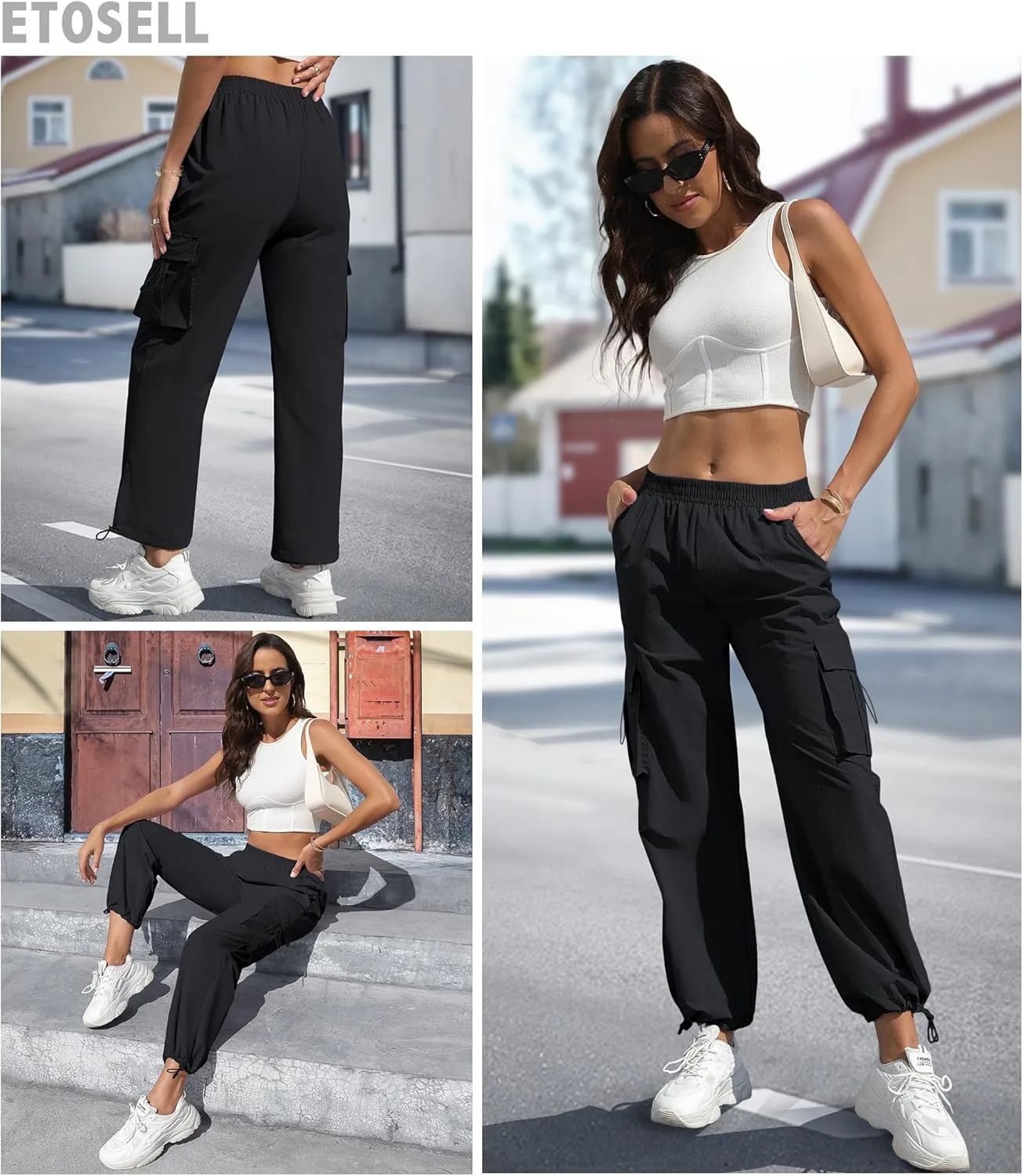 Women's High Waisted Cargo Pants Baggy Trendy Hiking Parachute Pants with Pockets Y2K Cargo Trousers Drawstring Ankles