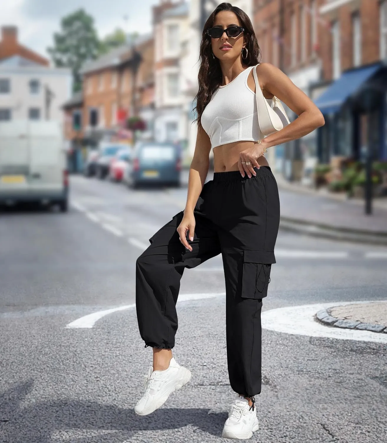 Women's High Waisted Cargo Pants Baggy Trendy Hiking Parachute Pants with Pockets Y2K Cargo Trousers Drawstring Ankles