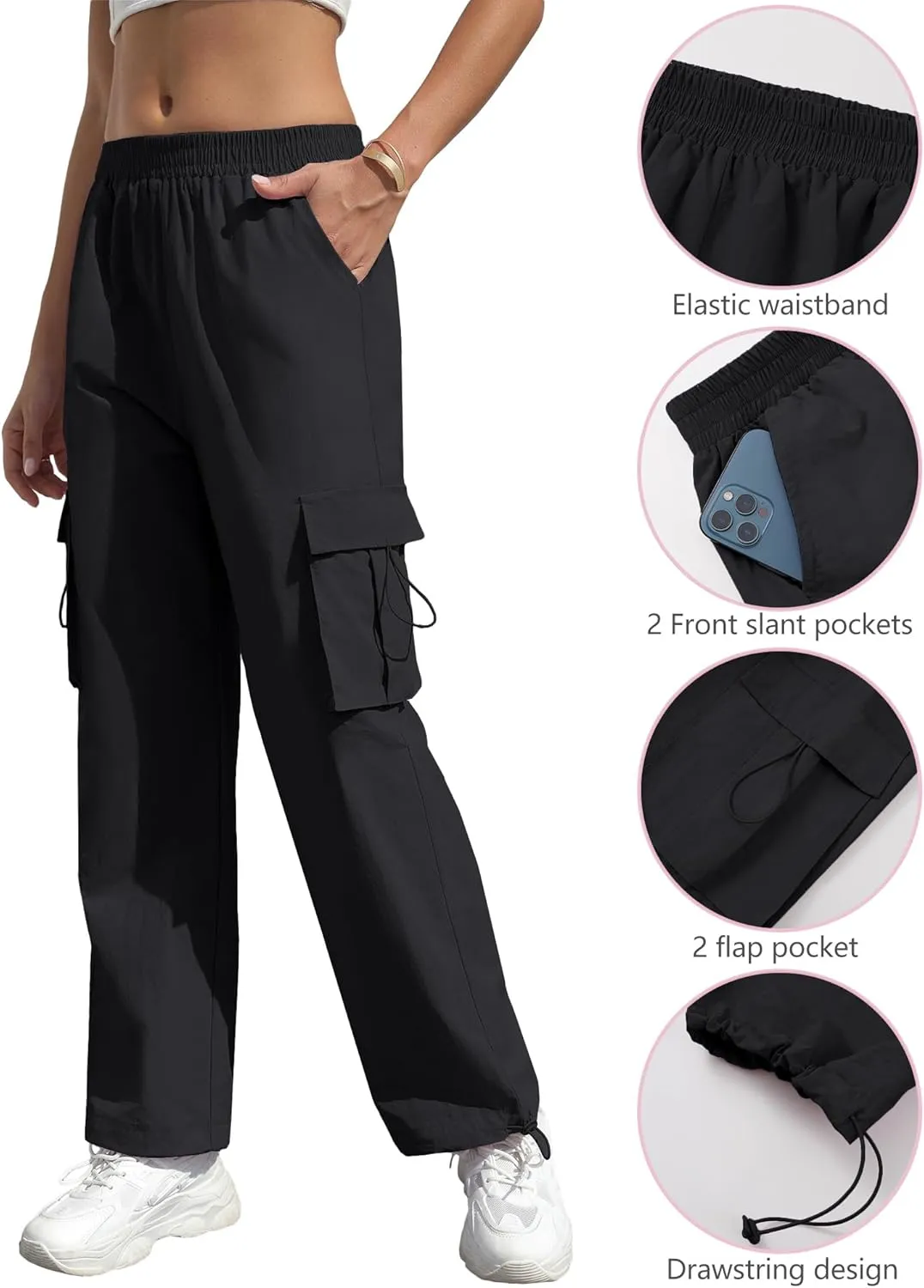Women's High Waisted Cargo Pants Baggy Trendy Hiking Parachute Pants with Pockets Y2K Cargo Trousers Drawstring Ankles