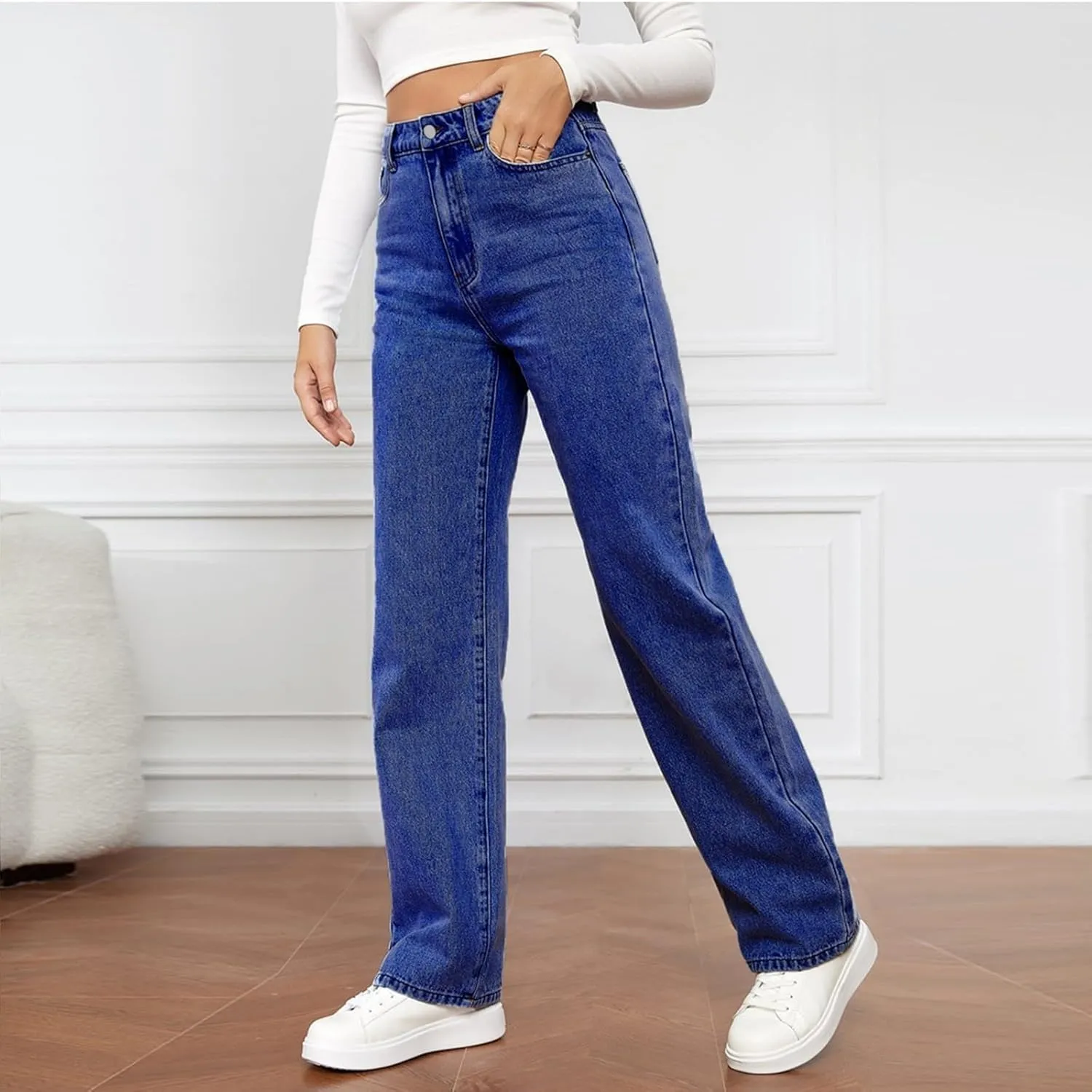 Women's High Waisted Straight Leg Jeans Pants Trendy with Pockets Skinny Stretch Ripped Jeans Destroyed Denim Pants