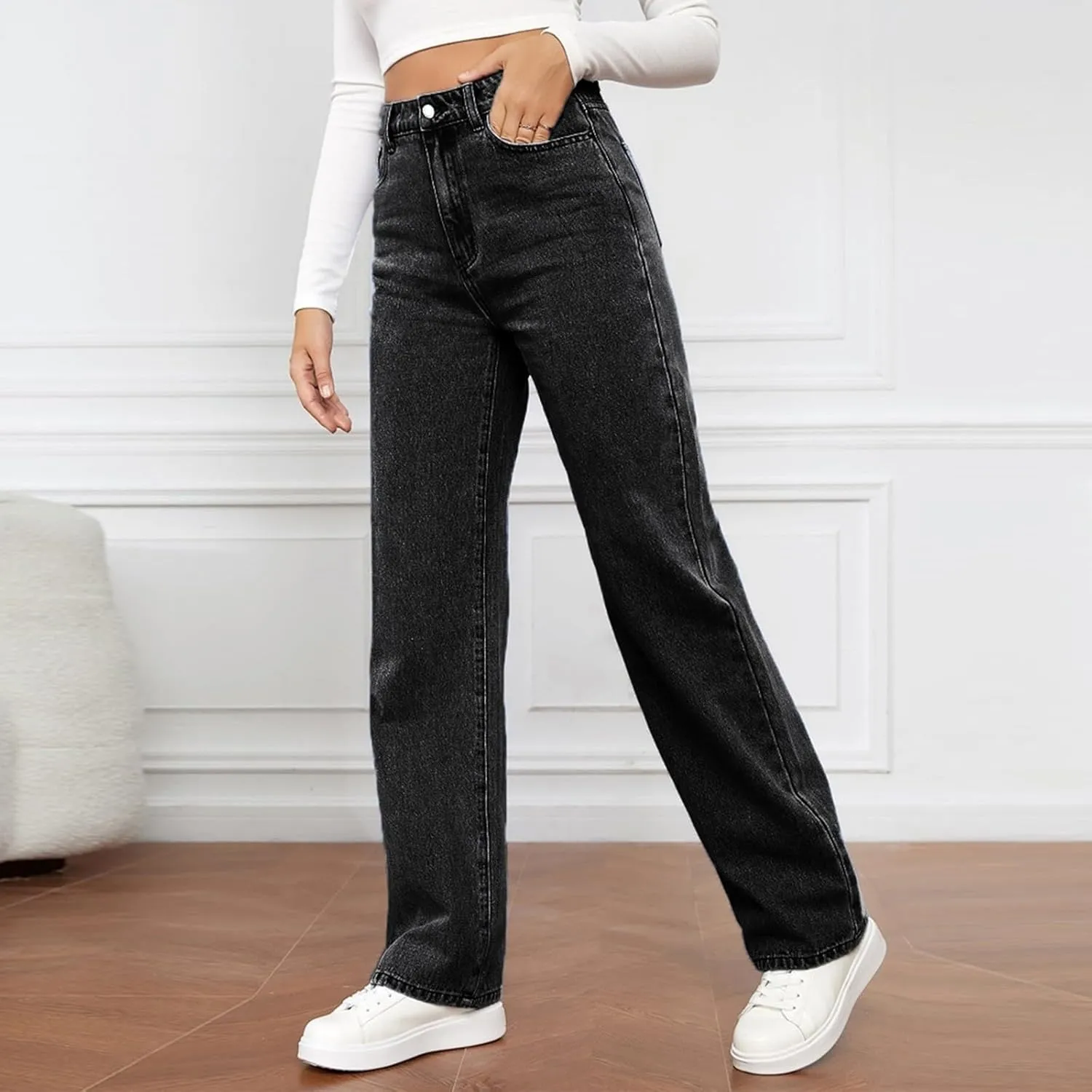 Women's High Waisted Straight Leg Jeans Pants Trendy with Pockets Skinny Stretch Ripped Jeans Destroyed Denim Pants