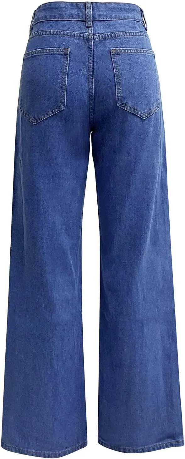 Women's High Waisted Straight Leg Jeans Pants Trendy with Pockets Skinny Stretch Ripped Jeans Destroyed Denim Pants