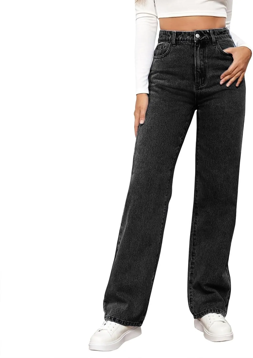 Women's High Waisted Straight Leg Jeans Pants Trendy with Pockets Skinny Stretch Ripped Jeans Destroyed Denim Pants