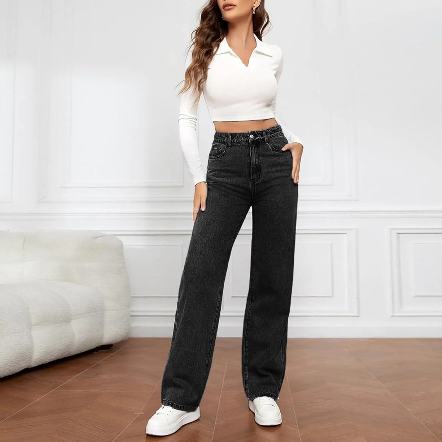 Women's High Waisted Straight Leg Jeans Pants Trendy with Pockets Skinny Stretch Ripped Jeans Destroyed Denim Pants
