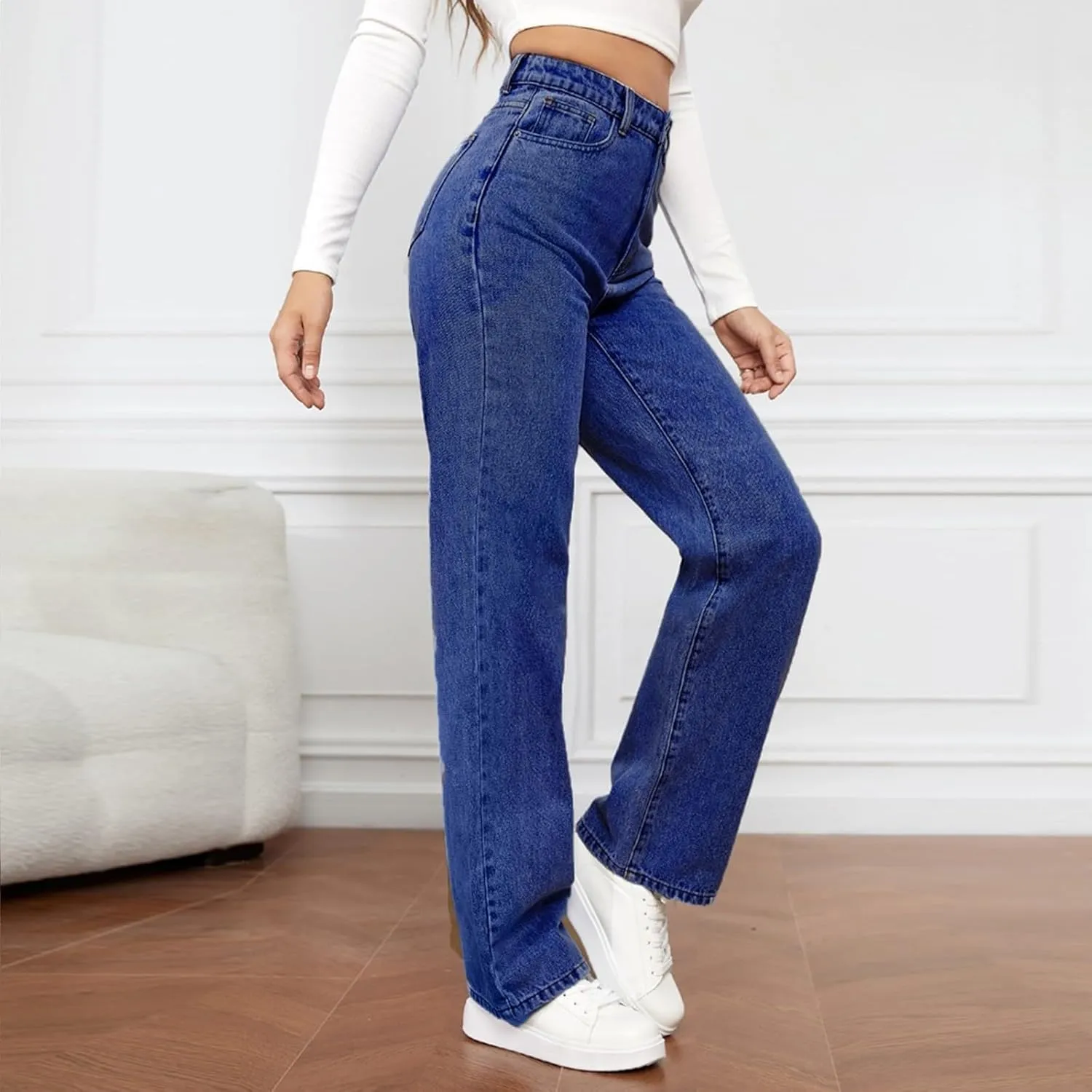 Women's High Waisted Straight Leg Jeans Pants Trendy with Pockets Skinny Stretch Ripped Jeans Destroyed Denim Pants