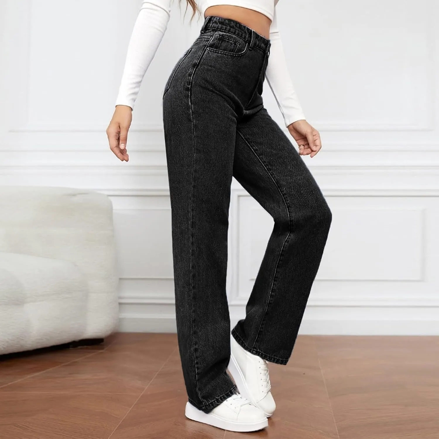 Women's High Waisted Straight Leg Jeans Pants Trendy with Pockets Skinny Stretch Ripped Jeans Destroyed Denim Pants