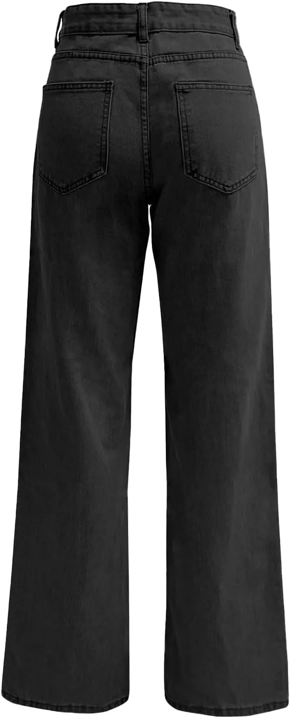 Women's High Waisted Straight Leg Jeans Pants Trendy with Pockets Skinny Stretch Ripped Jeans Destroyed Denim Pants