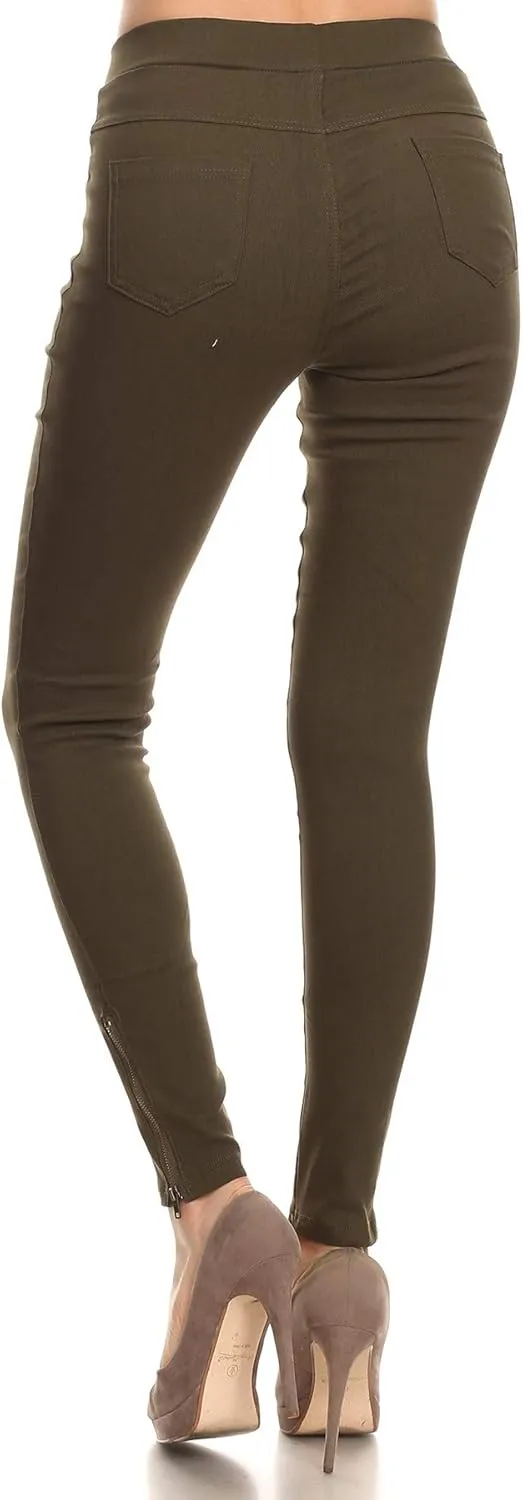 Women's High Waisted Stretch Jeggings - Jean Style Ankle Zipper Tummy Control Pull On Skinny Pants