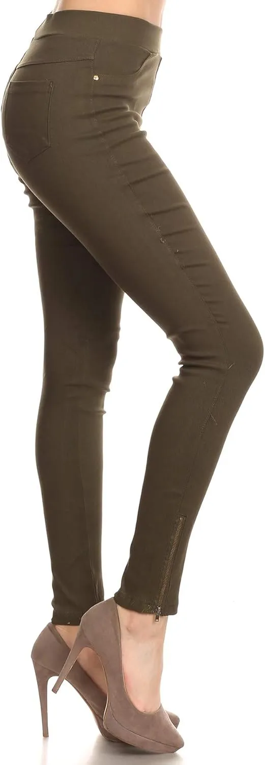 Women's High Waisted Stretch Jeggings - Jean Style Ankle Zipper Tummy Control Pull On Skinny Pants