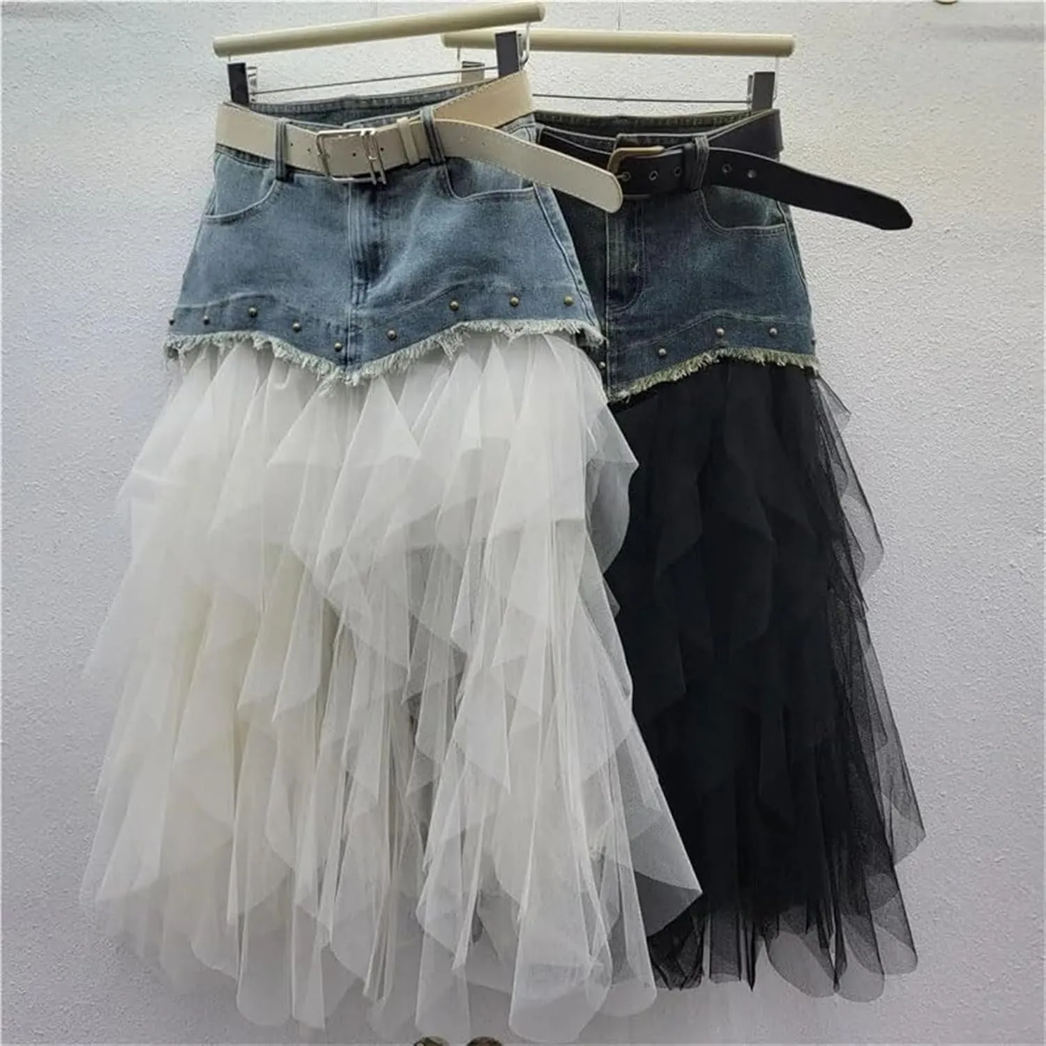 Women's Irregular Denim Tulle Skirts High Waist Mid-Length Mesh Pleated Mini Skirts Denim Patchwork Skirt