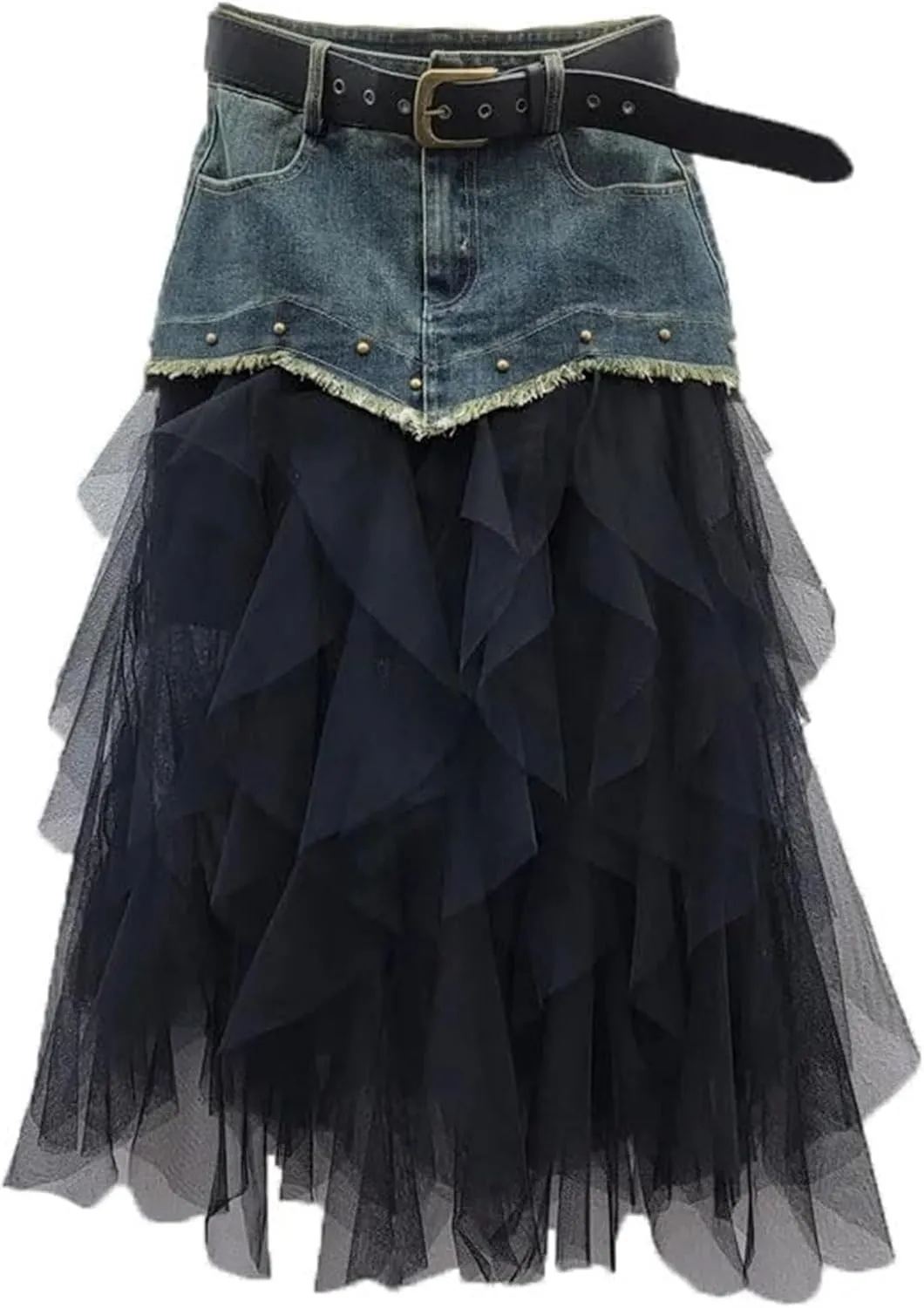 Women's Irregular Denim Tulle Skirts High Waist Mid-Length Mesh Pleated Mini Skirts Denim Patchwork Skirt