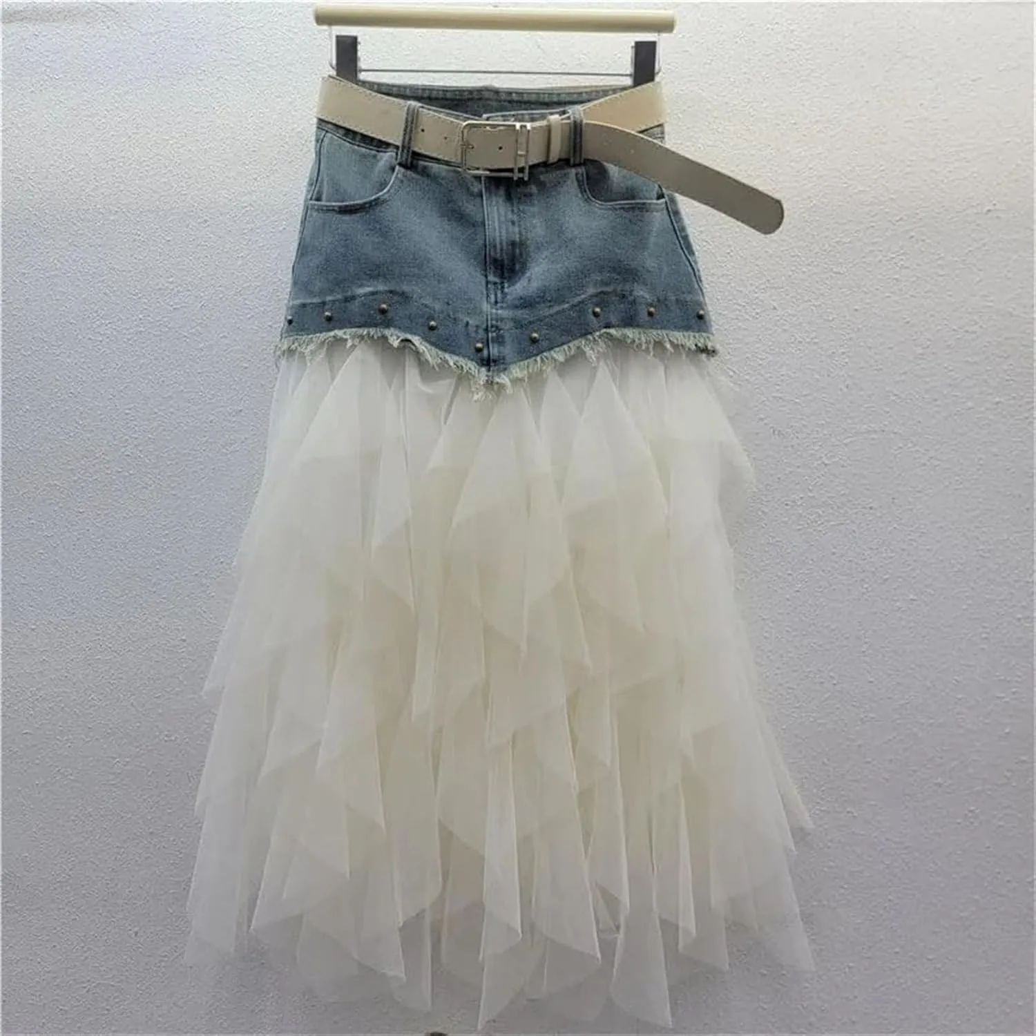 Women's Irregular Denim Tulle Skirts High Waist Mid-Length Mesh Pleated Mini Skirts Denim Patchwork Skirt