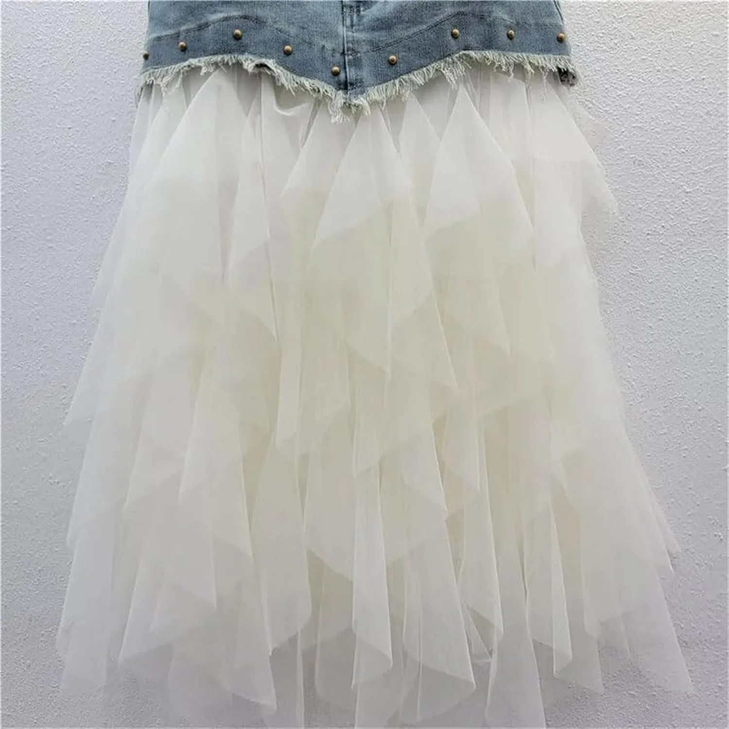 Women's Irregular Denim Tulle Skirts High Waist Mid-Length Mesh Pleated Mini Skirts Denim Patchwork Skirt