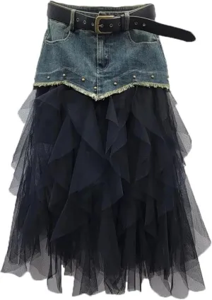 Women's Irregular Denim Tulle Skirts High Waist Mid-Length Mesh Pleated Mini Skirts Denim Patchwork Skirt