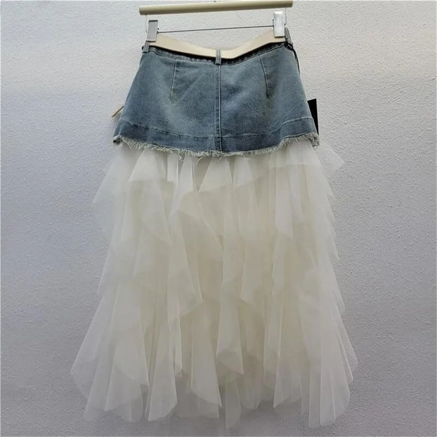 Women's Irregular Denim Tulle Skirts High Waist Mid-Length Mesh Pleated Mini Skirts Denim Patchwork Skirt