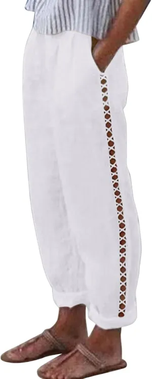 Womens Linen Pants for Summer Straight Leg High Waist Elastic Baggy Pant Side Hollowing Loose Beach Casual Trousers