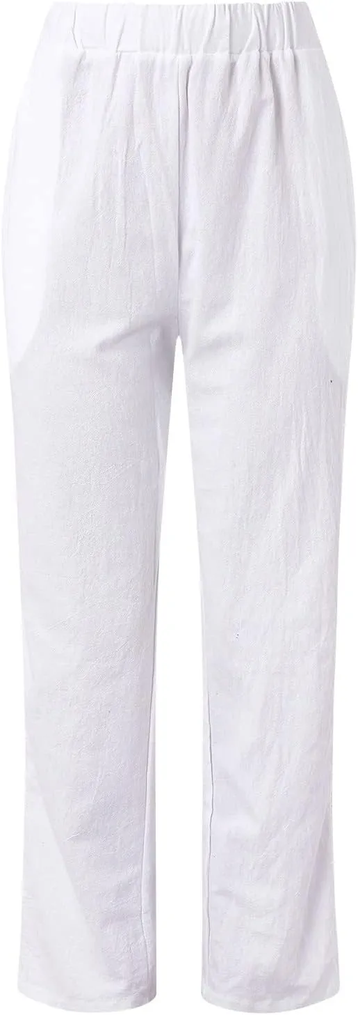 Womens Linen Pants for Summer Straight Leg High Waist Elastic Baggy Pant Side Hollowing Loose Beach Casual Trousers