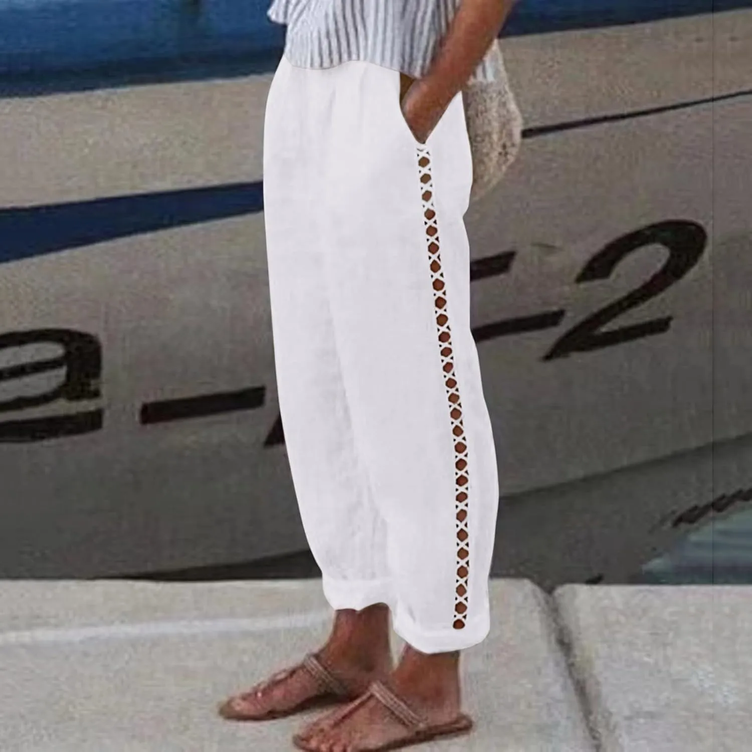 Womens Linen Pants for Summer Straight Leg High Waist Elastic Baggy Pant Side Hollowing Loose Beach Casual Trousers