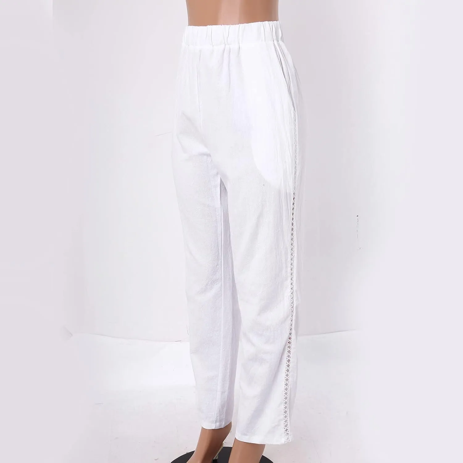Womens Linen Pants for Summer Straight Leg High Waist Elastic Baggy Pant Side Hollowing Loose Beach Casual Trousers