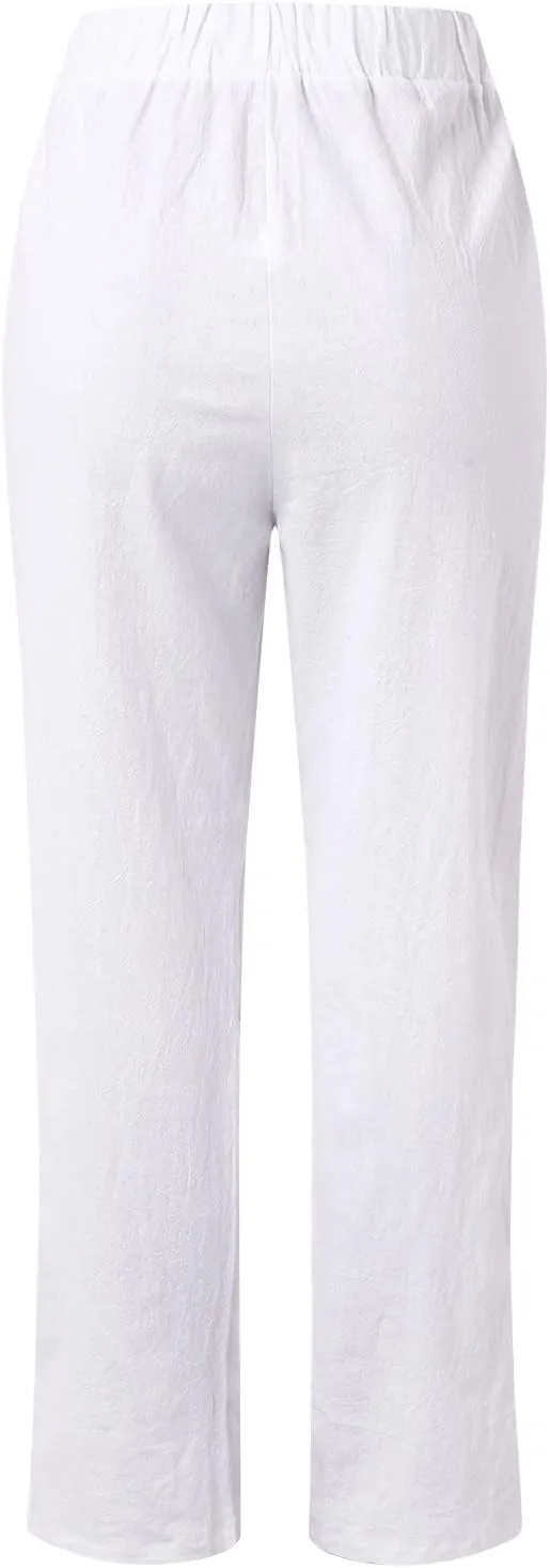 Womens Linen Pants for Summer Straight Leg High Waist Elastic Baggy Pant Side Hollowing Loose Beach Casual Trousers