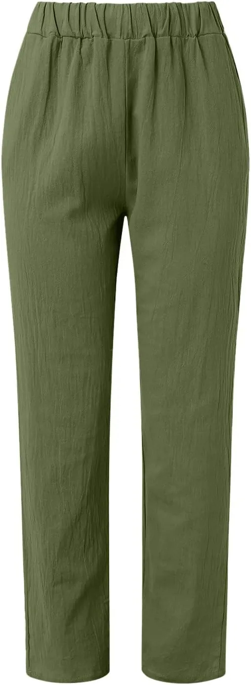 Womens Linen Summer Solid Pant Trousers High Waist Bootcut Loose Fit Pants Business Work