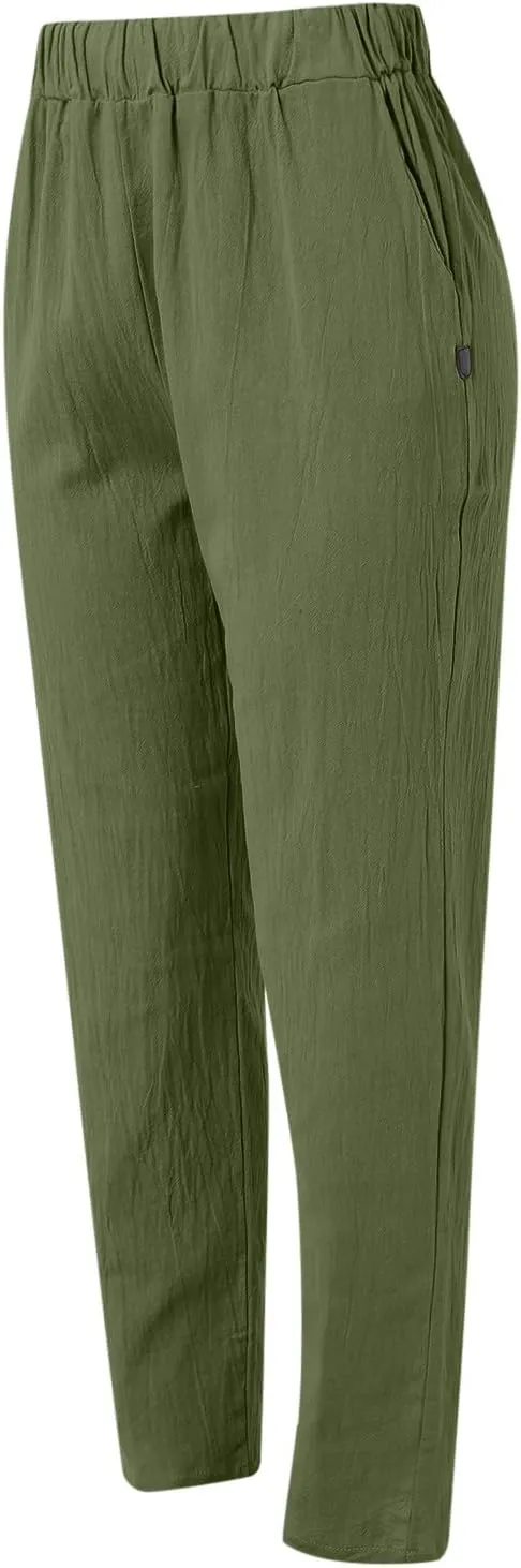 Womens Linen Summer Solid Pant Trousers High Waist Bootcut Loose Fit Pants Business Work