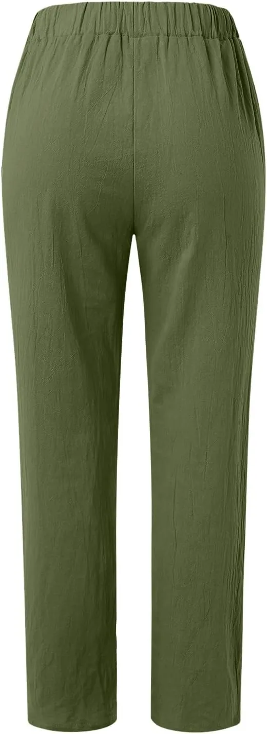Womens Linen Summer Solid Pant Trousers High Waist Bootcut Loose Fit Pants Business Work