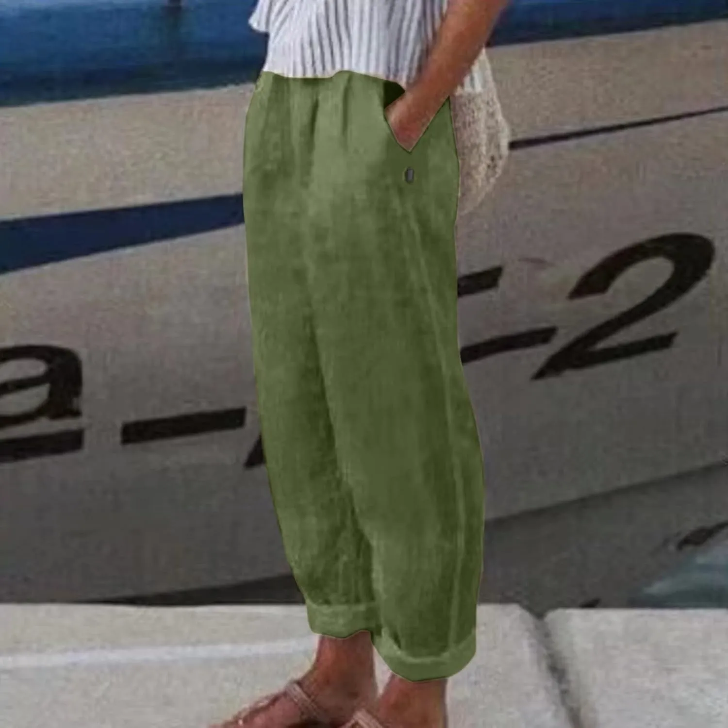 Womens Linen Summer Solid Pant Trousers High Waist Bootcut Loose Fit Pants Business Work