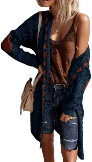 Womens Long Sleeve Cable Knit Cardigan Open Front Jacket Casual Long Sweater Hooded Chunky Fall Winter Coat