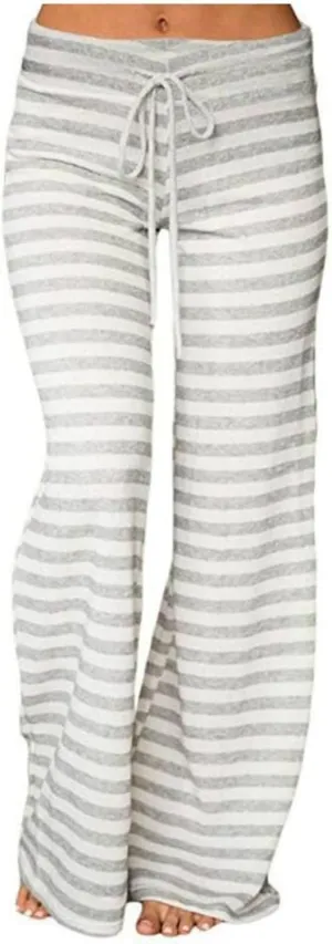 Women's Lounge Pants Straight Leg Drawstring Elastic Waist Stripe Ribbed Sweatpants Comfy Casual Loose Pajama Trousers