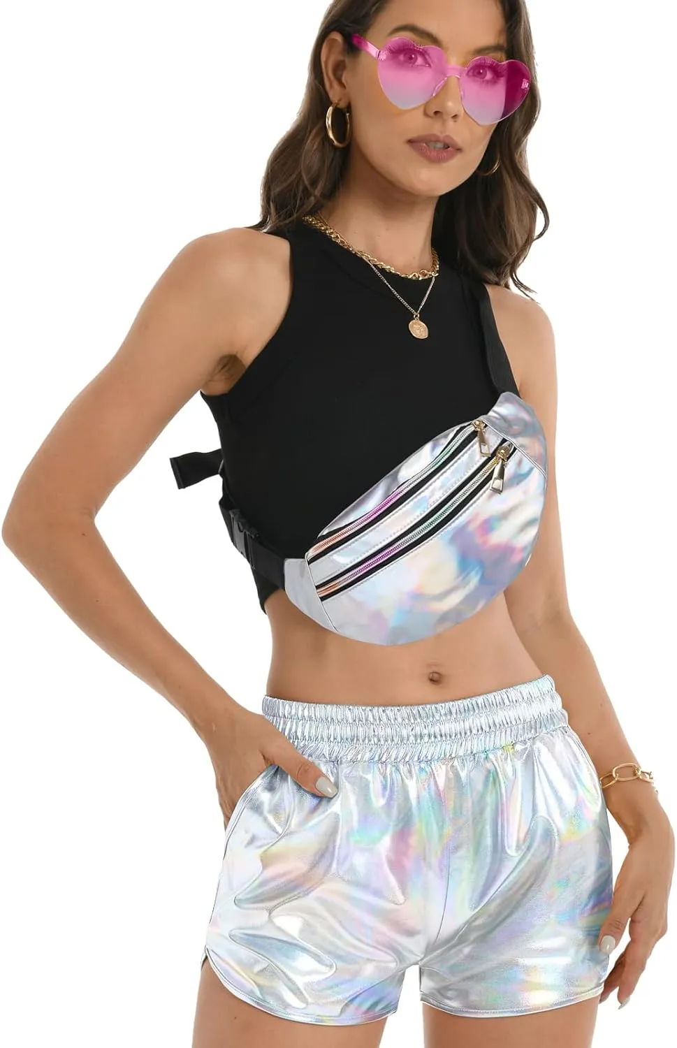 Women's Metallic Shorts Hot Sparkly Rave Shiny Short Elastic Waist Yoga Short Pants Club Party Outfit with Sunglasses