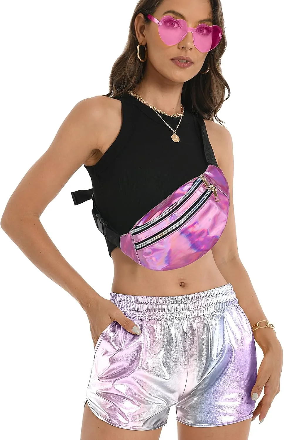 Women's Metallic Shorts Hot Sparkly Rave Shiny Short Elastic Waist Yoga Short Pants Club Party Outfit with Sunglasses