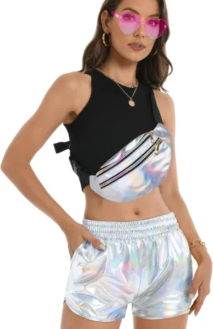 Women's Metallic Shorts Hot Sparkly Rave Shiny Short Elastic Waist Yoga Short Pants Club Party Outfit with Sunglasses