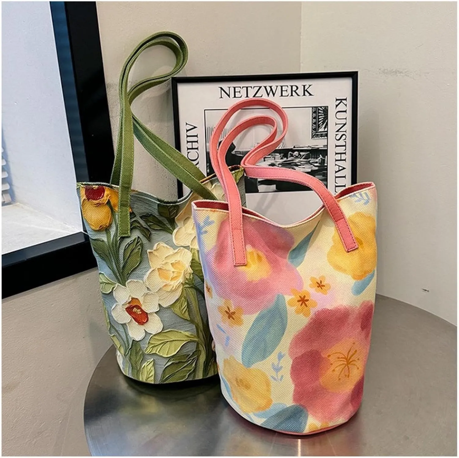 Women's Oil Painting Floral Shoulder Bag Large Capacity Three-dimensional Bucket Bag Multifunctional Tote Bag