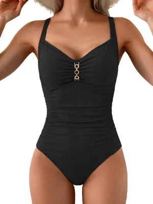 Women's One Piece Swimsuit Tummy Control Ruched Bathing Suit V Neck Slimming Swimwear Metal Ring Swim Suits