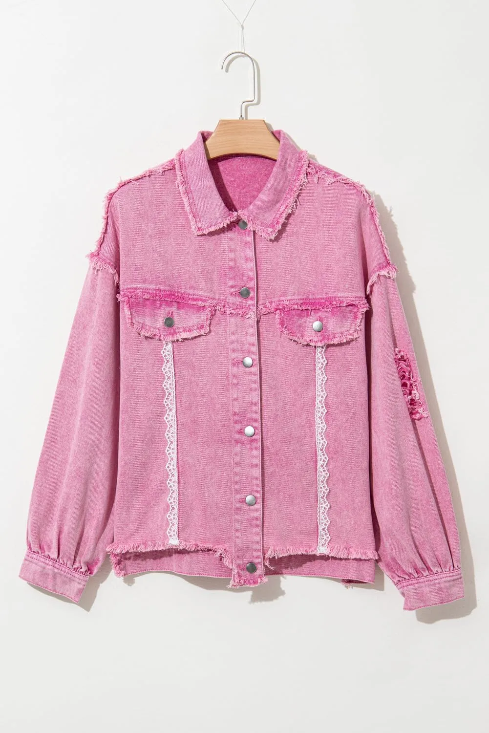 Women's Pink Lace Patchwork Distressed Denim Jacket
