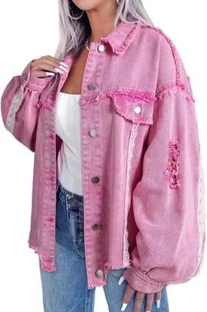 Women's Pink Lace Patchwork Distressed Denim Jacket