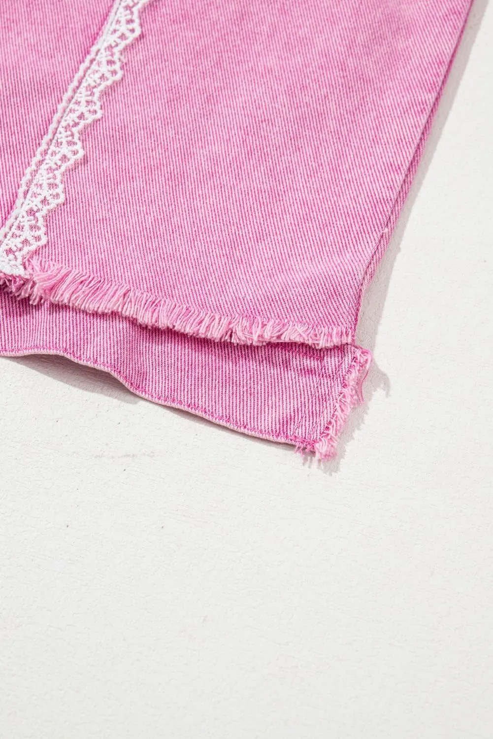 Women's Pink Lace Patchwork Distressed Denim Jacket